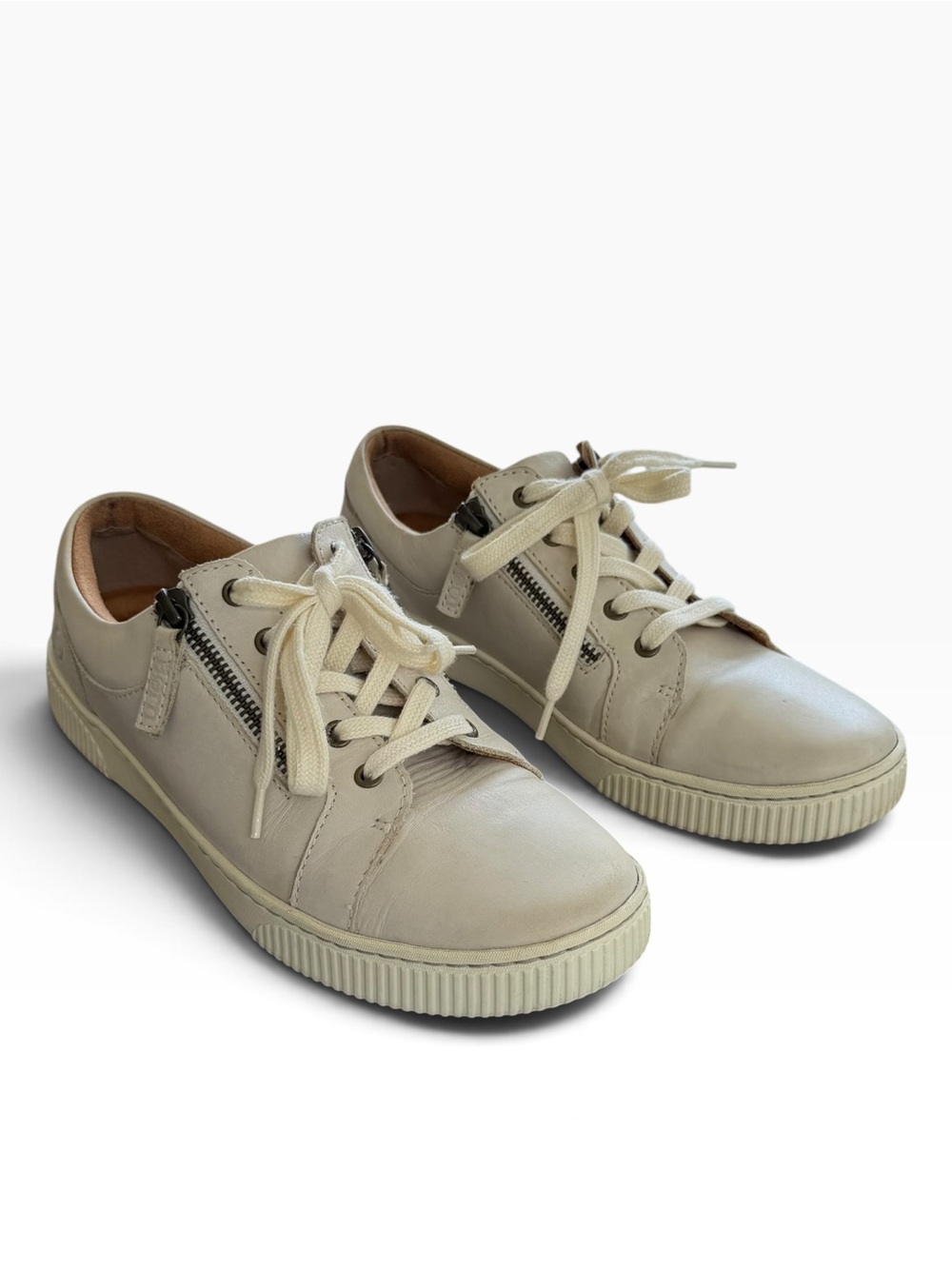 Born Pamola Leather Double Side Zip Lace Up Sneakers Cream Women’s Size 9